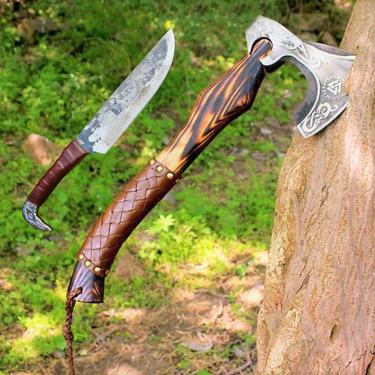 Viking Axe with Knife Set Camping Hatchets Gifts for Men