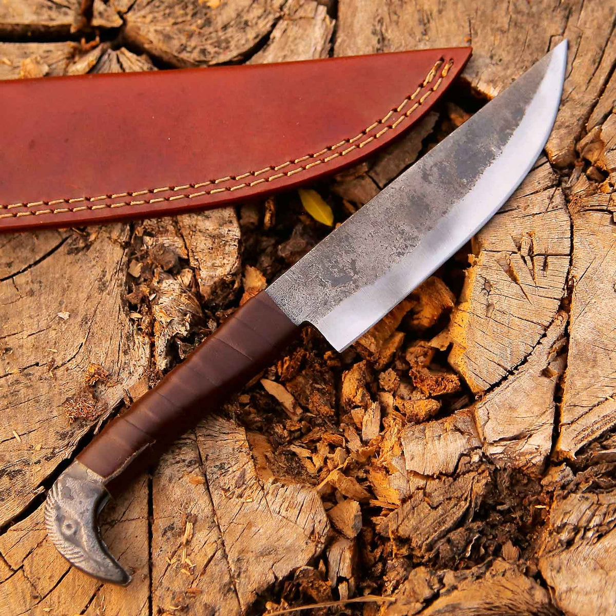 Viking Knife With Raven's Head Hilt & Leather Sheath